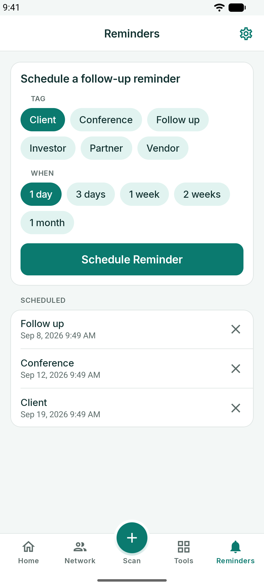 Reminders screen with tag chips, the reminder form and scheduled follow-ups