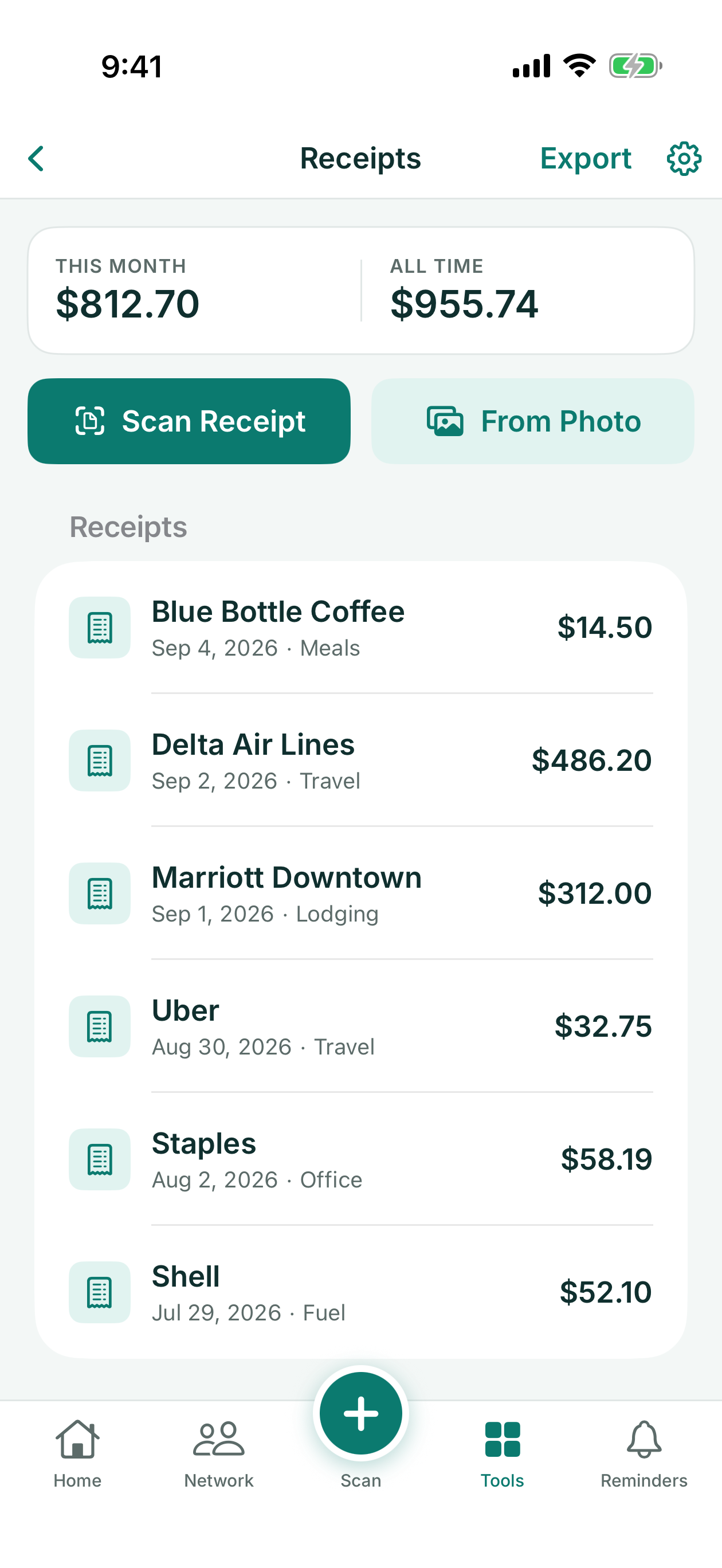 Receipts with the monthly and all-time totals and the receipt list