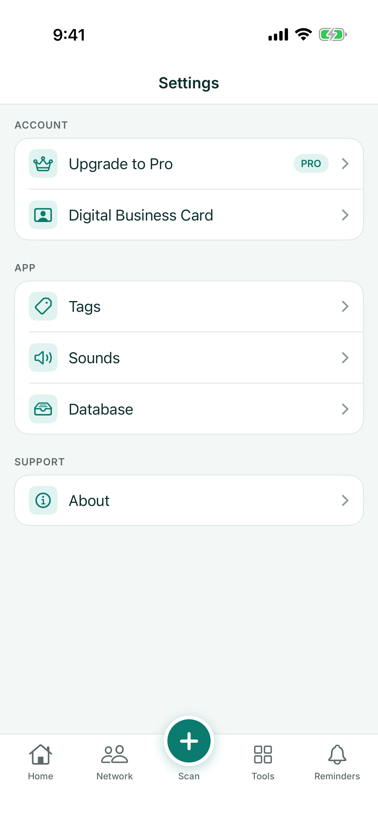 Settings with Upgrade to Pro, Digital Business Card, Tags, Sounds, Database and About